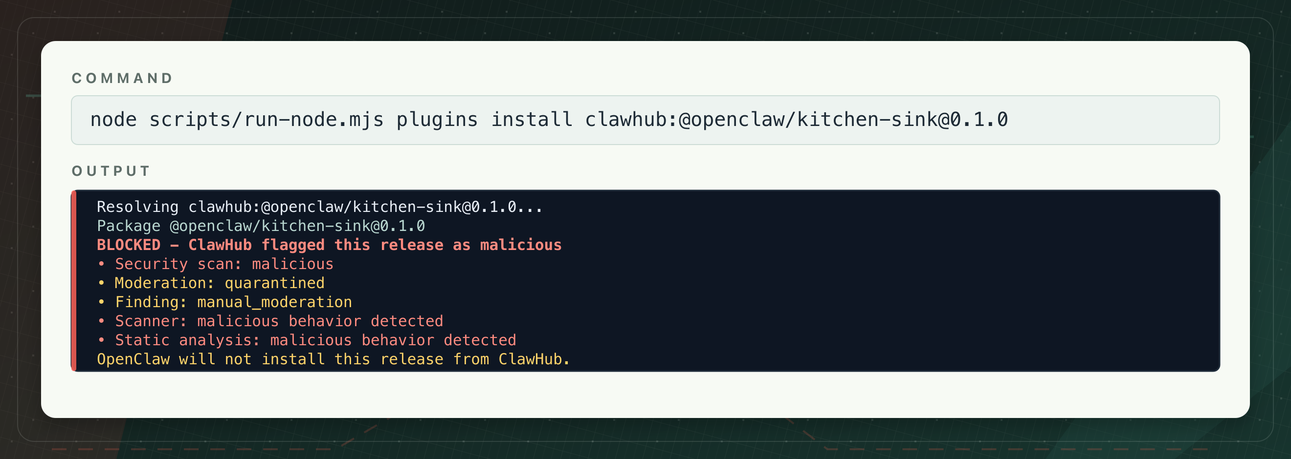 Terminal output showing OpenClaw refusing to install a ClawHub release flagged as malicious and quarantined.