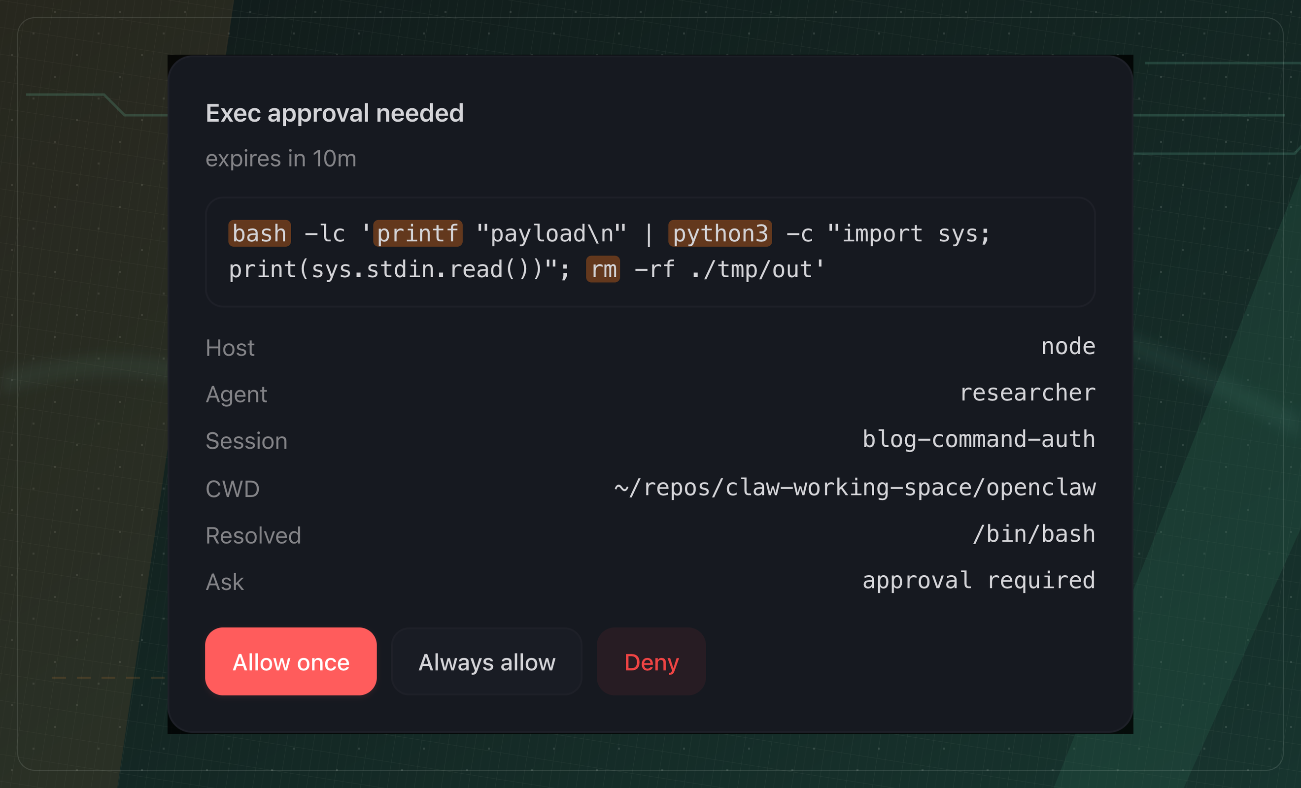 OpenClaw exec approval dialog highlighting executables inside a nested bash and Python command, including rm.